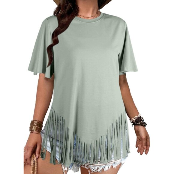 Womens Fringe Hem Short Sleeve Round Neck T Shirt Oversized Tee Top - Picture 3 of 6